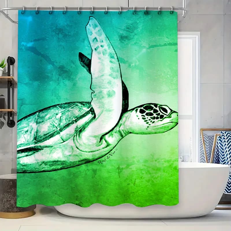Tenda da doccia con tartaruga per nuoto, stampa in tessuto impermeabile per l'arredamento del bagno in colore verde blu, personalizzazione delle dimensioni disponibili su Al