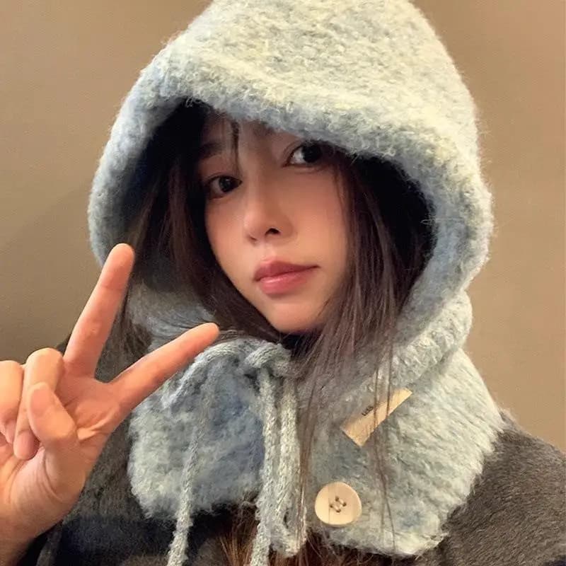 Cappello passamontagna lavorato a maglia termica invernale alla moda per donne e ragazze, cappello sciarpa con cappuccio e collo caldo con coulisse, berretto con teschio lavorato a maglia