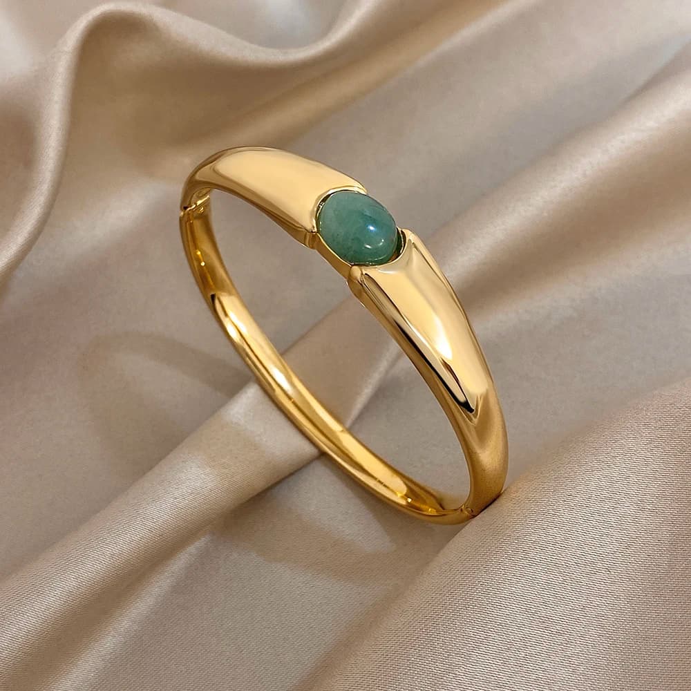 Braccialetti con polsini in acciaio inossidabile con perline di pietra ovale verde chic Braccialetti per donna Uomo Nuovi gioielli lisci impermeabili versatili vintage