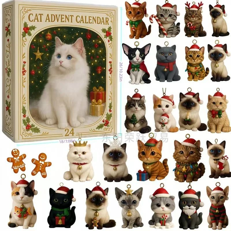 Calendario dell'Avvento per Gatti 2025, 24 Giorni di Conto alla Rovescia per Natale con 24 Razze Diverse, Ornamenti Natalizi 2D in Acrilico a Forma di Gattini Carini