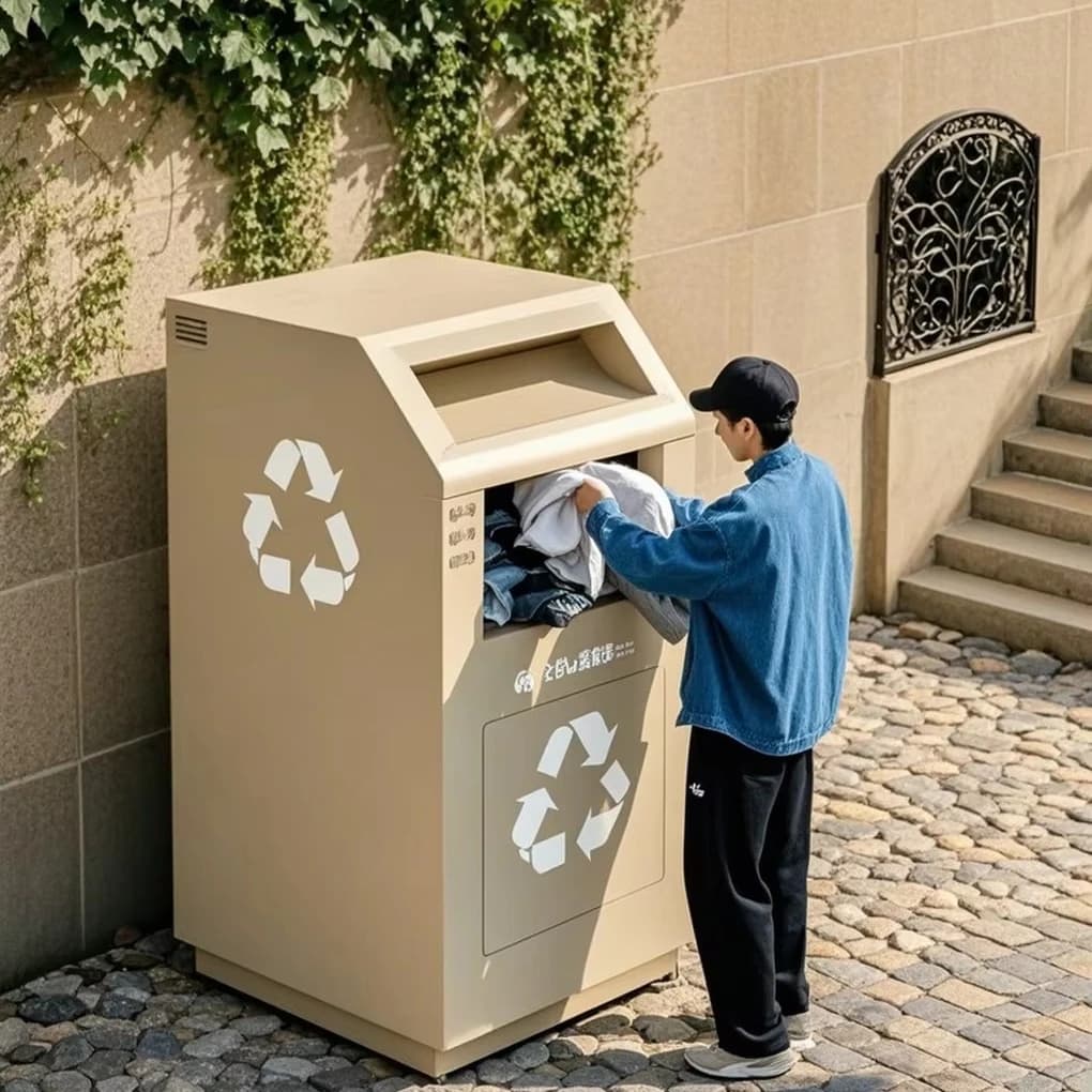 Contenitore per Donazioni di Abbigliamento in Acciaio Zincato Resistente alle Intemperie per Hotel e Spazi Pubblici, Soluzione Personalizzabile per il Riciclo