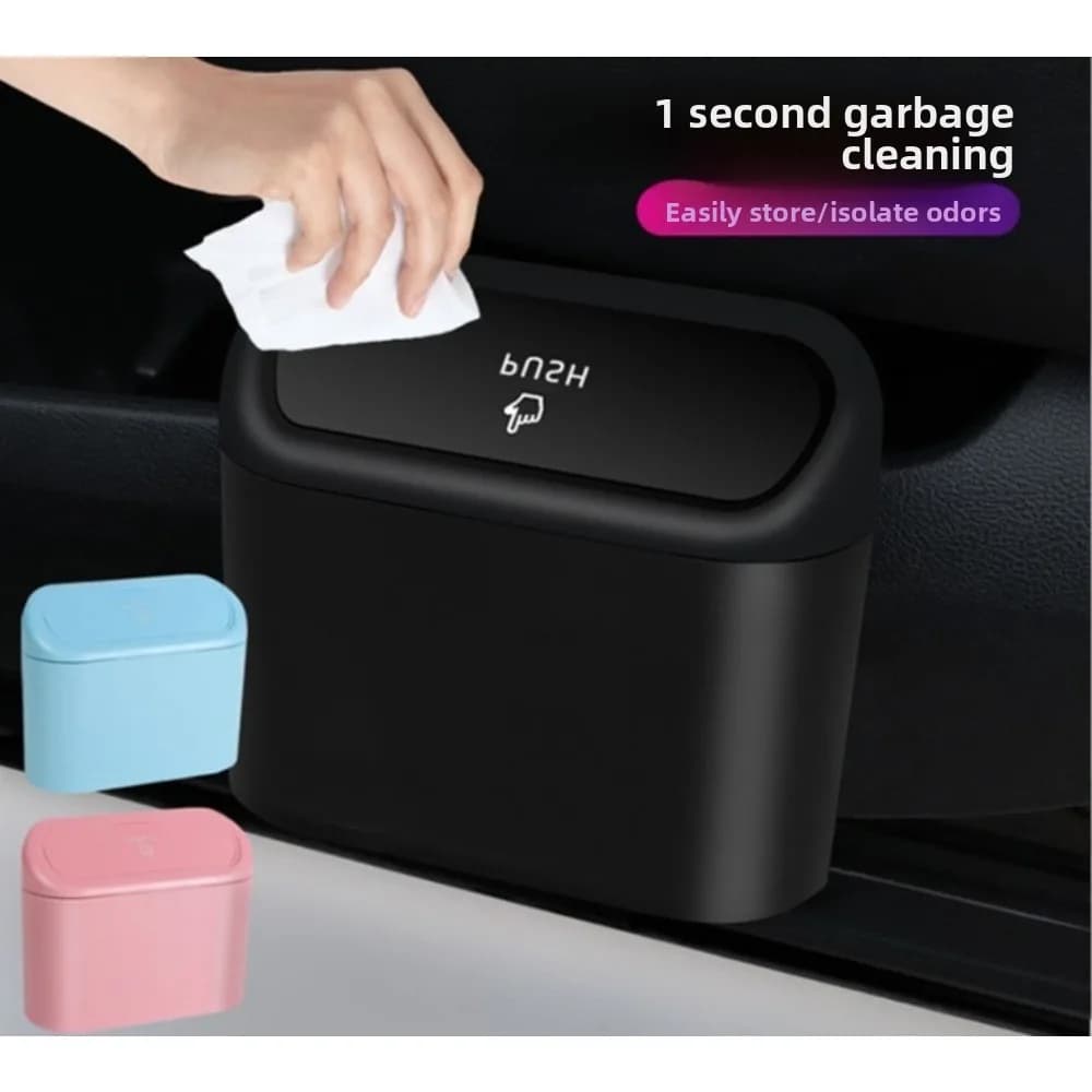 Cestino per Auto da Appendere, Contenitore per Rifiuti e Polvere, Scatola Portaoggetti Nera Quadrata con Apertura a Pressione, Accessori Interni Auto