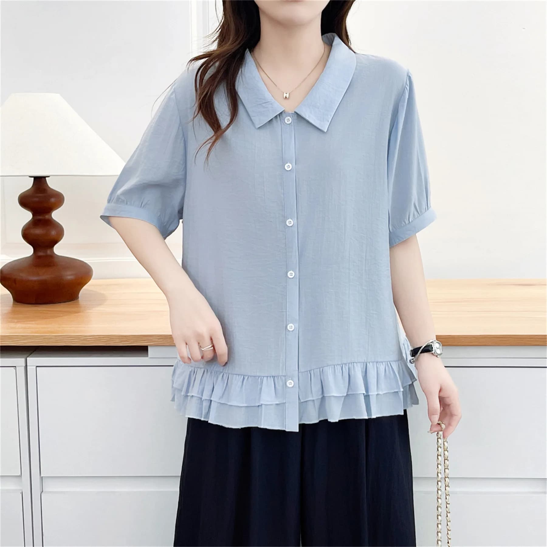 2026 Summer Plus Size Thin Ruffle Hem Open Blouse Short Sleeve Simple Daily Loose Shirt Curvy Ladies 8679