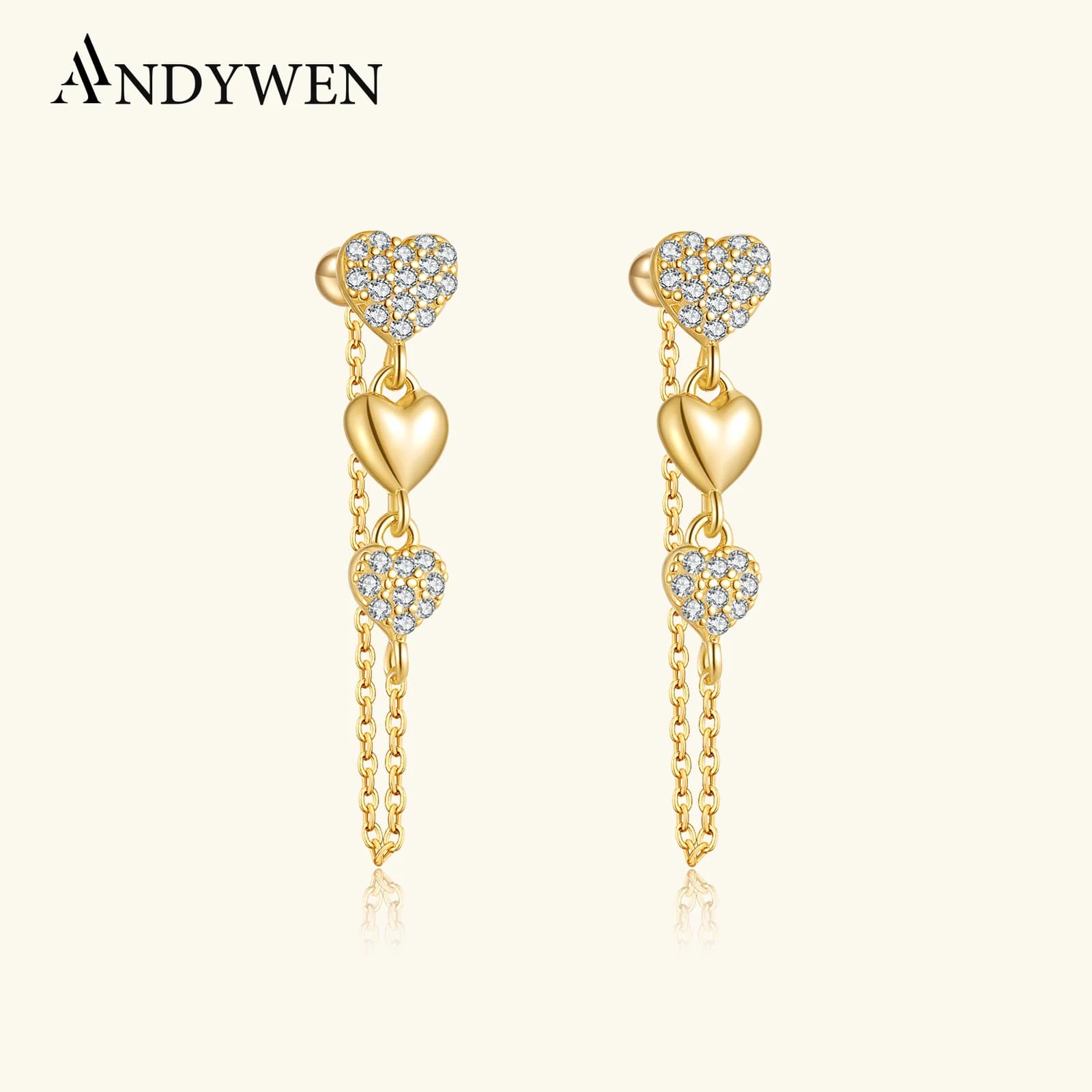 ANDYWEN Orecchini pendenti a catena con tre ciondoli a forma di cuore in argento sterling 925 per le donne, regalo di gioielli con data romantica da sposa