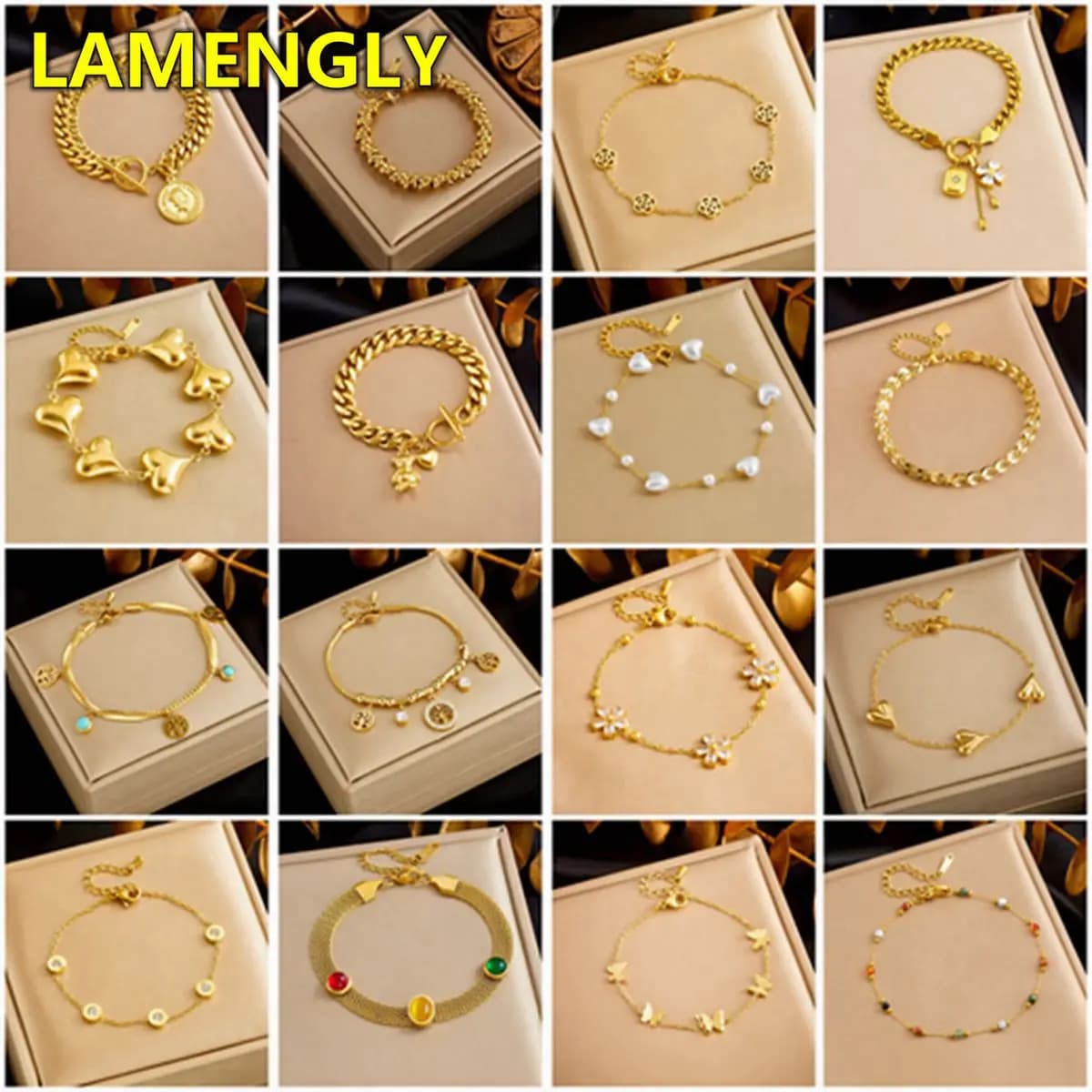 LAMENGL Nuovo Bracciale in Acciaio Inossidabile 316L Dorato con Cuore e Fiore, Regolabile, Ipoallergenico, Gioiello per Donne, Regalo per Ragazze e Feste