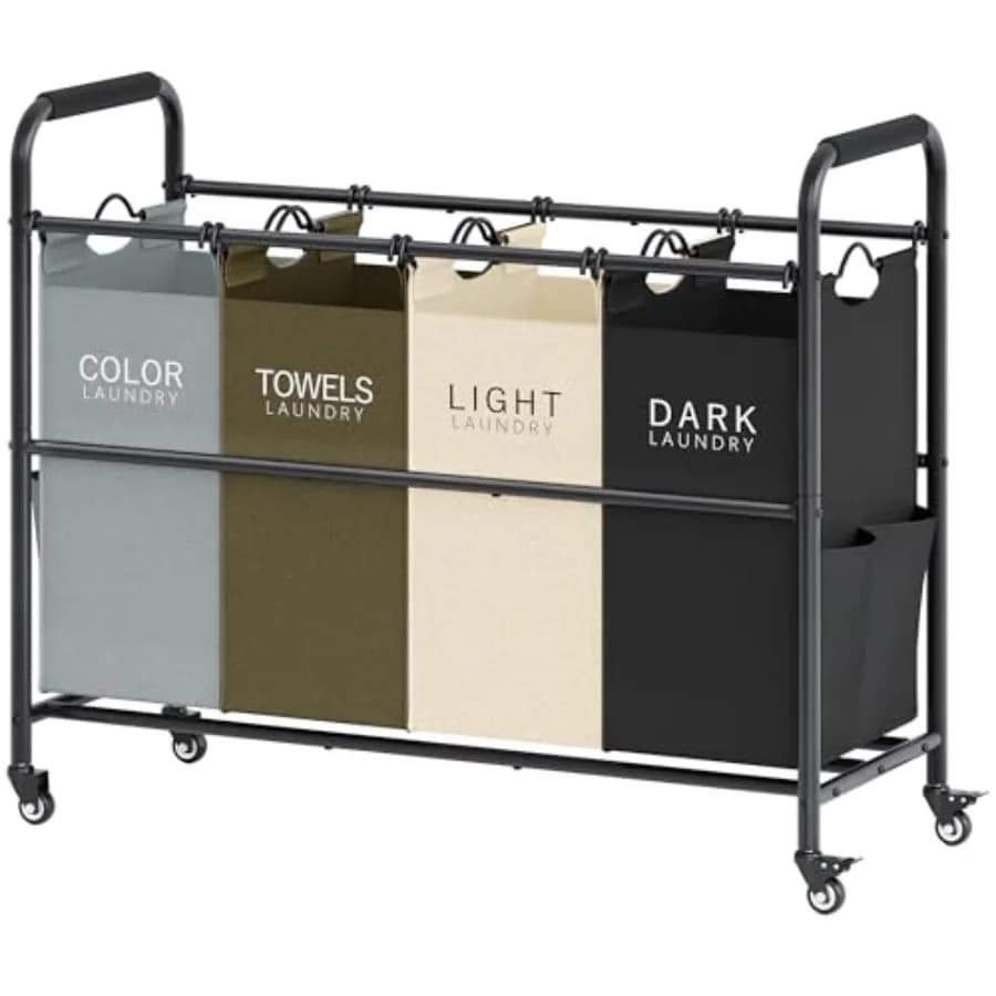 4 Bag Laundry Sorter Cart, 4 Section Laundry Hamper Sorter with Heavy Duty Lockable Rolling Wheels, Laundry Separator Hamper wi