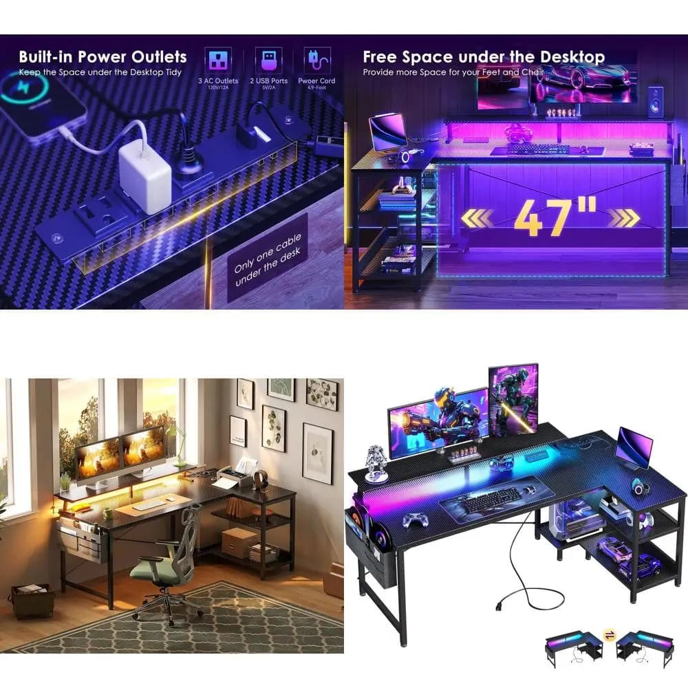 Reversible L Gaming Desk with USB Doors, LED Lights, Storage Space and Monitor Support, Black
