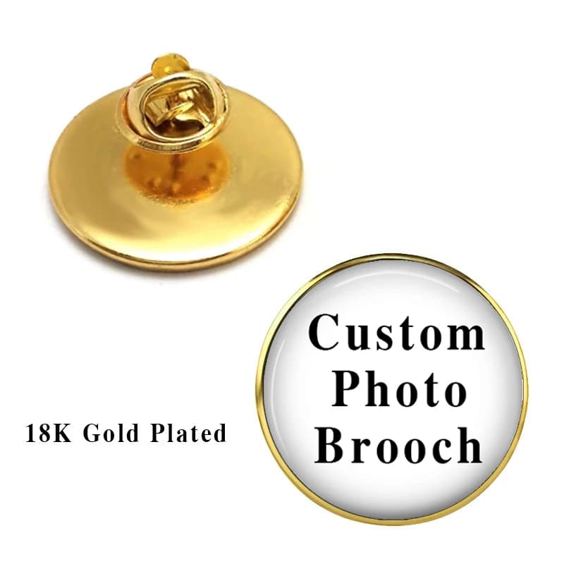 Foto personalizzata Immagini personalizzate Spille Uomo Donna Cabochon in vetro Zaino in acciaio inossidabile dorato Spilla con bottoni da bavero
