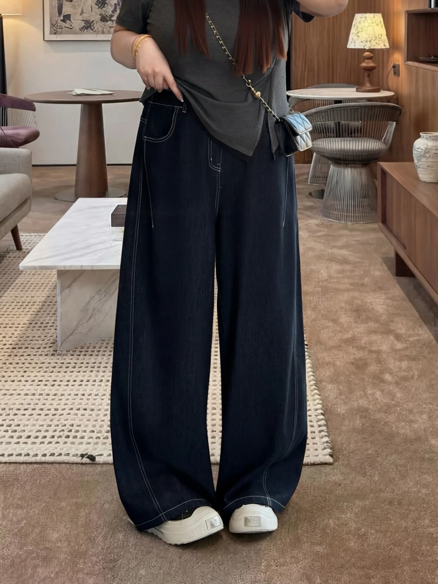 Jeans da donna larghi a vita alta in misto cotone, stile primaverile per il commuting, taglie forti, gamba dritta e ampia