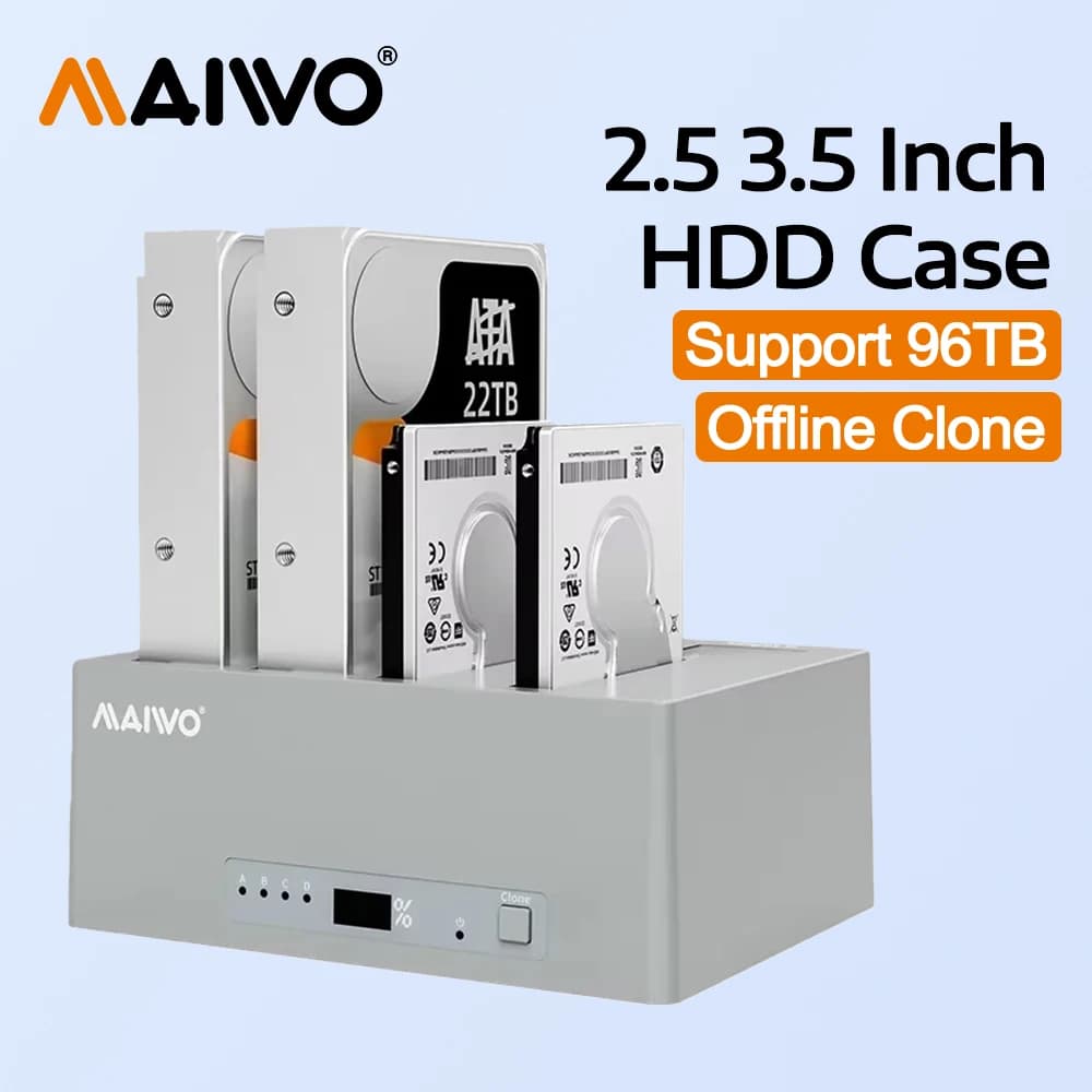 Docking Station MAIWO a 4 Bay per HDD SATA da 2.5'' e 3.5'' con Clonazione Offline, Enclosure Esterno per Hard Disk, Custodia HDD con Archiviazione Dati Tipo-C
