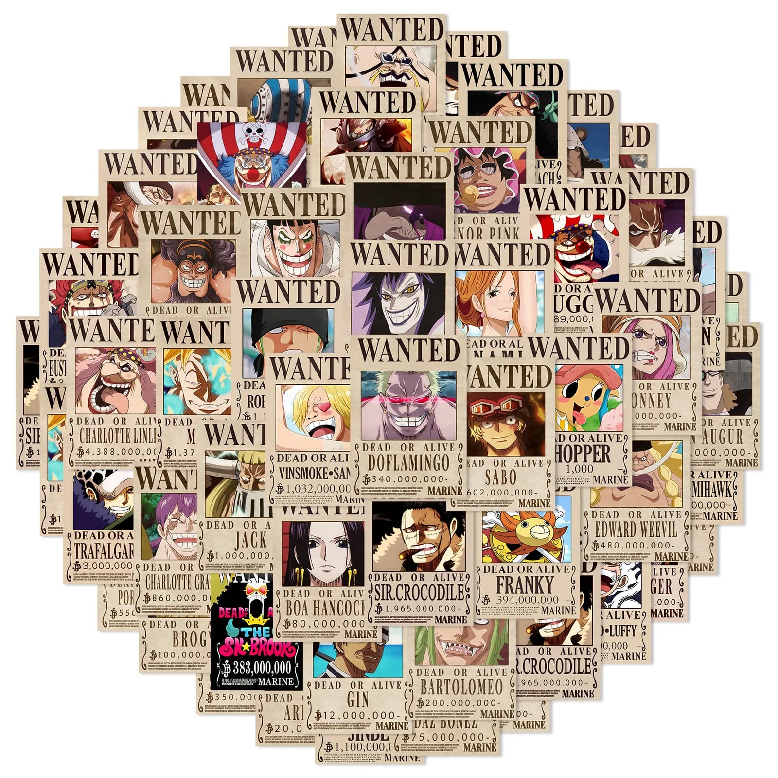 50 pieces Anime One Piece Wanted Poster Stickers Cool Graffiti decals phone DIY suitcase laptop refrigerator wall decoration sticker toy