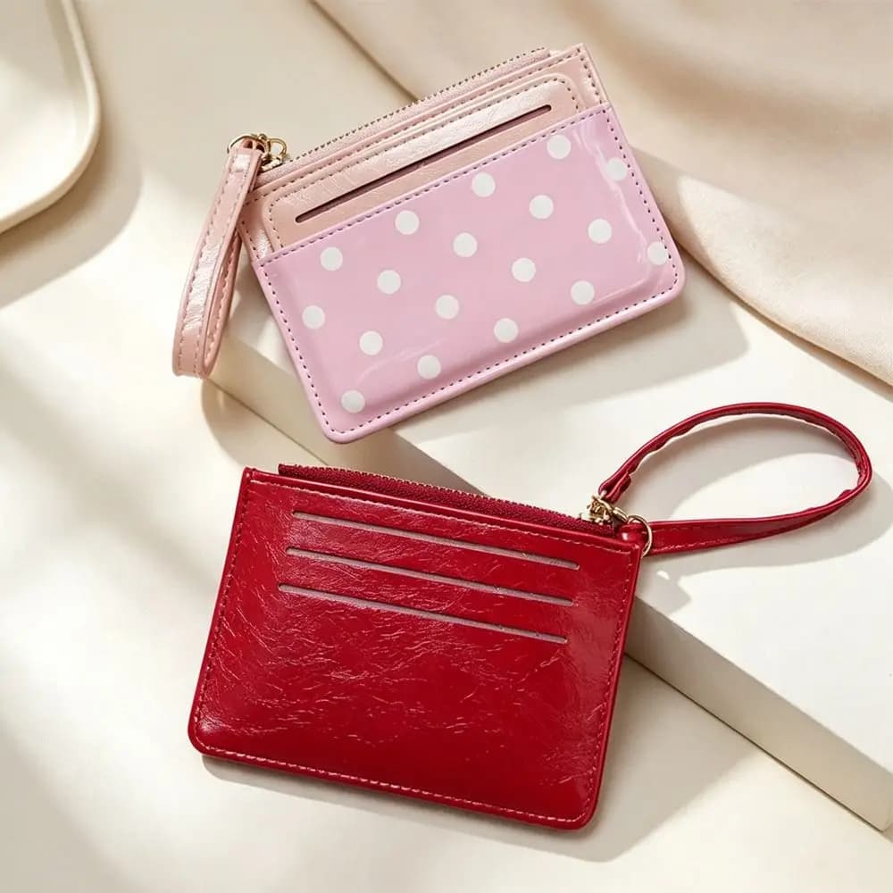 New PU Coin Purse Multi Card Slots Polka Dot Small Change Purse Wrist Strap Zipper Closure Card Holder Wallet for Women
