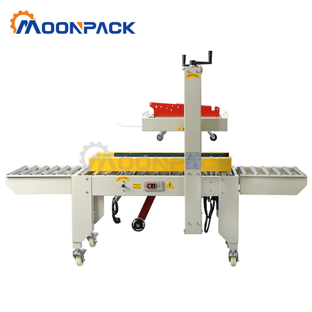 Moonpack FXC-5050 Small Semi-automatic Plastic Carton case Corrugated Box Tape Cut Sealing Packing Machine (side Belt Conveyor)