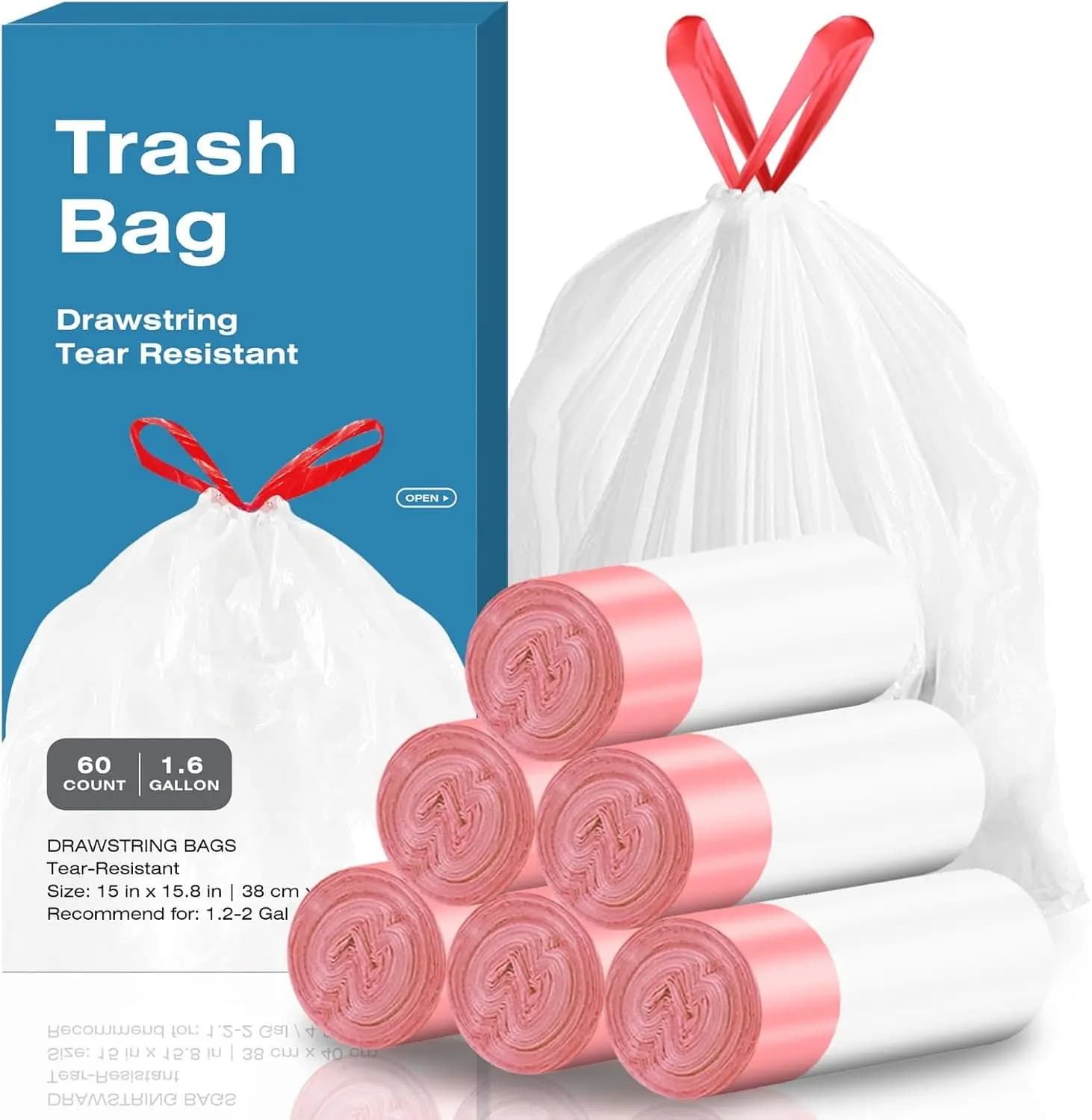 1.6 Gal Drawstring Trash Bags 60 Count Small Garbage Bags Unscented Strong Plastic Waste Basket Liners for Home Office Car Fits 4.5-8 Liter Bins 6 Rolls Tear-Free