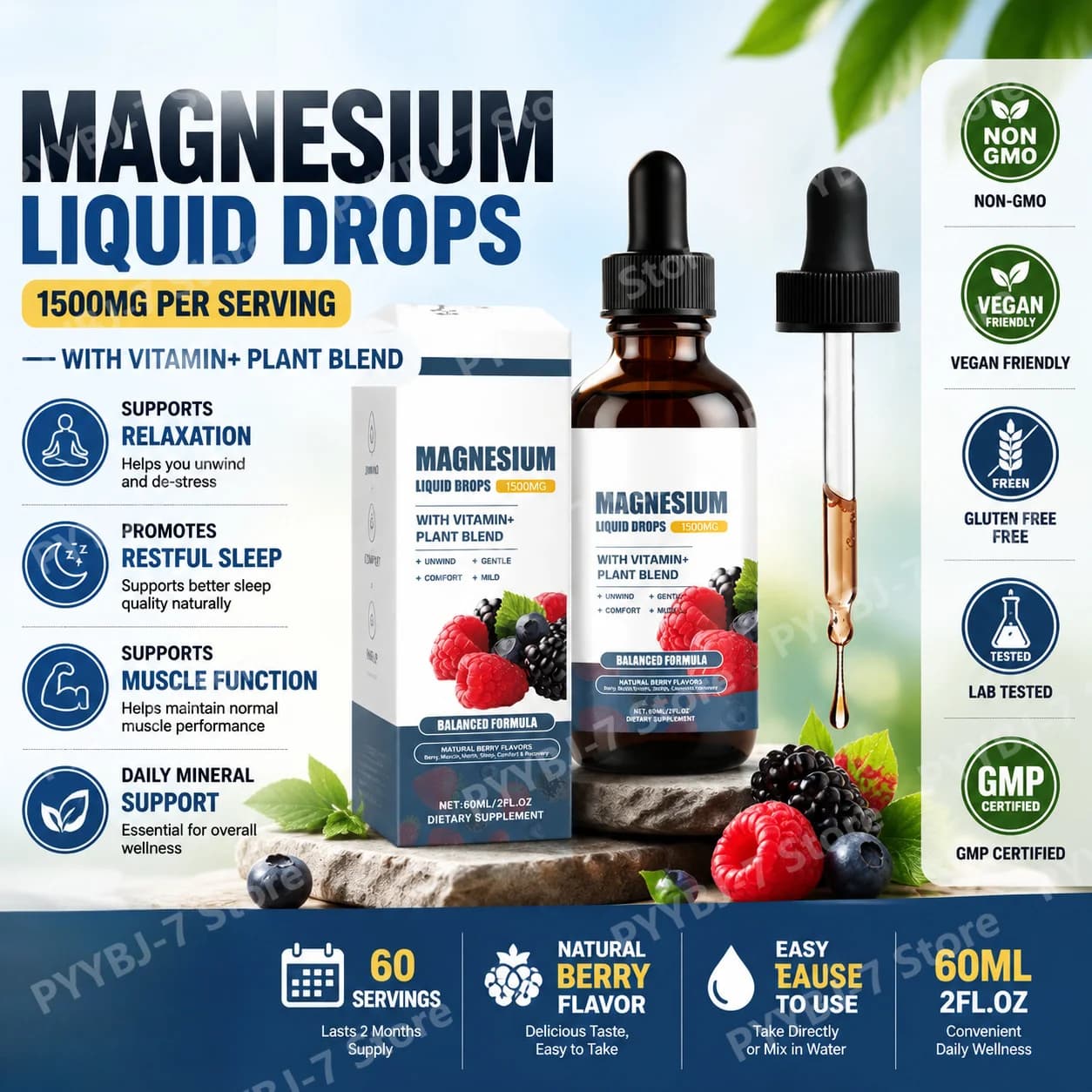 Gocce di Magnesio Liquido con Vitamine B6, D3, K2, Miscela Vegetale, Supporto Elettrolitico, Integratore per il Benessere Quotidiano, Gusto Naturale di Bacche, 60ml