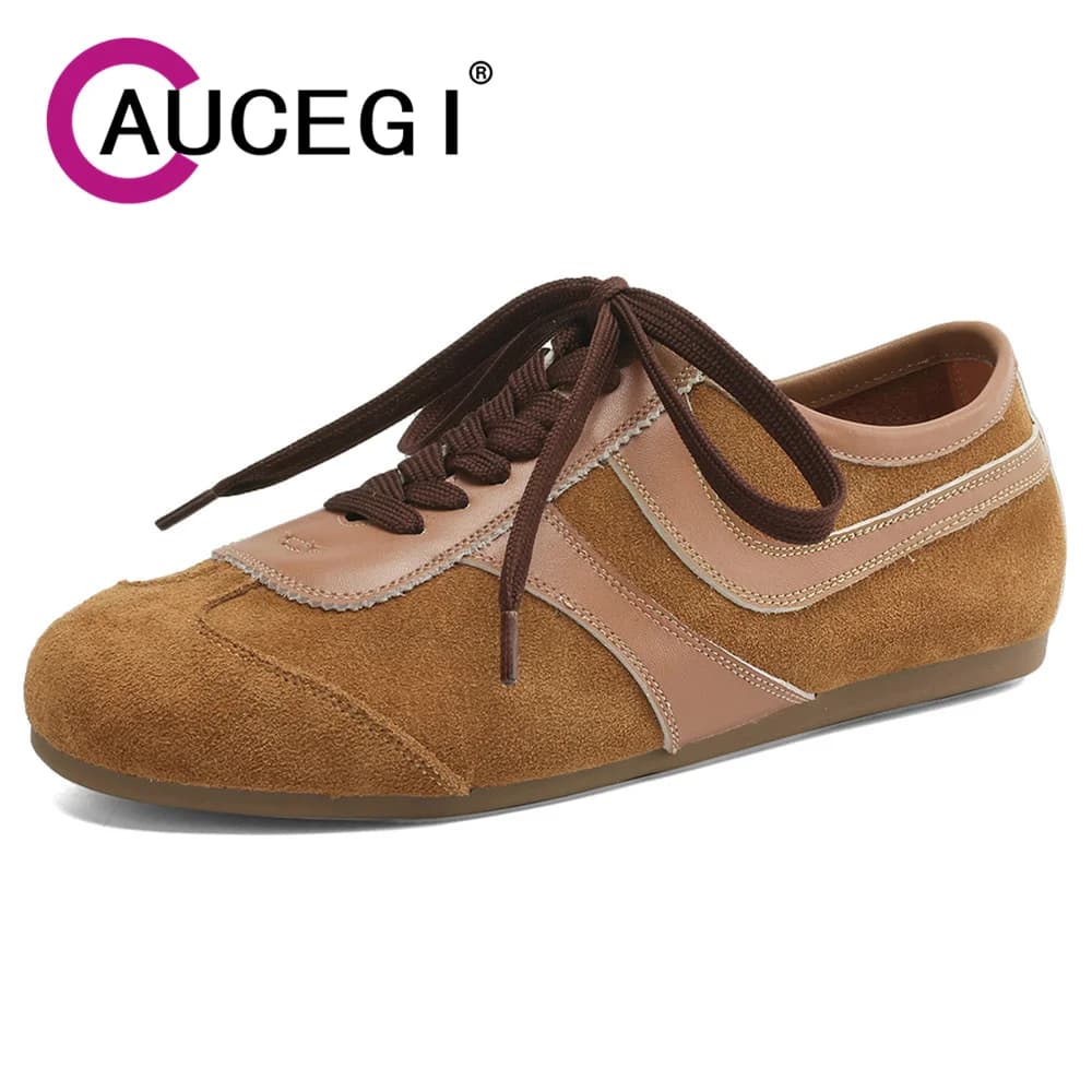 Aucegi Sneakers in pelle scamosciata di mucca di colore misto Scarpe basse con punta tonda Stringate Concise Moda donna Primavera Autunno Marrone Scarpe casual versatili
