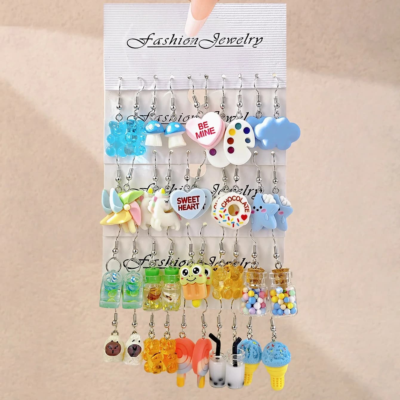 New Style Lovely Bear Earrings Set, Sweet Resin Heart, Palette, Windmill Card-mounted Earrings Set