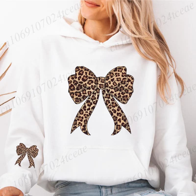 Coquette Bow Leopard Printed Women's Hoodie Valentine Hoodies Women Streetwear Pullover Harajuku Streetwear Hoodies Sweatshirt