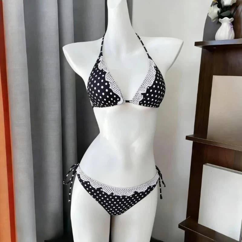 Costume da bagno bikini a due pezzi con stampa Sweet Heart, allacciatura all'americana, bordo arricciato, casual, da spiaggia, da donna