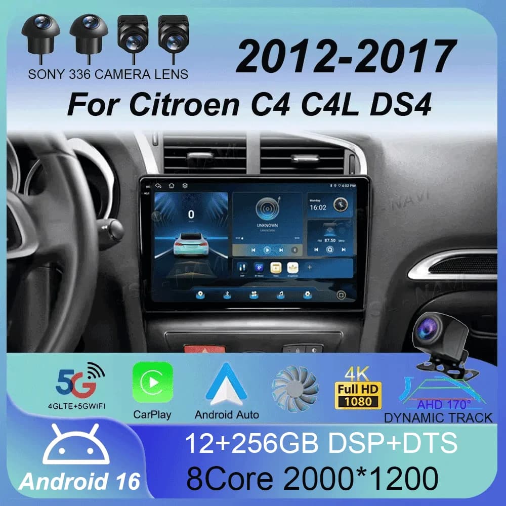 Autoradio Android 16 con Lettore Multimediale Video per Citroen C4 2 B7 2012-2017, Navigazione GPS, Carplay 4G, NO 2Din