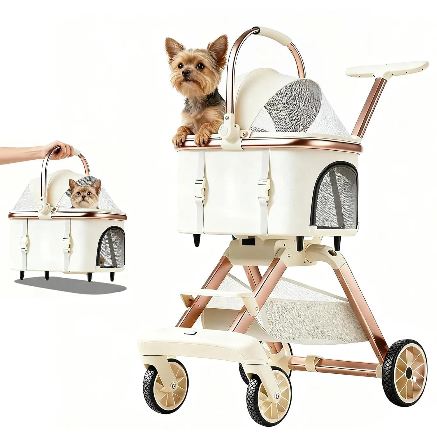 Passeggino per Animali Domestici Tutto Terreno, Telaio in Alluminio Leggero, Beige, Ruote Ammortizzate