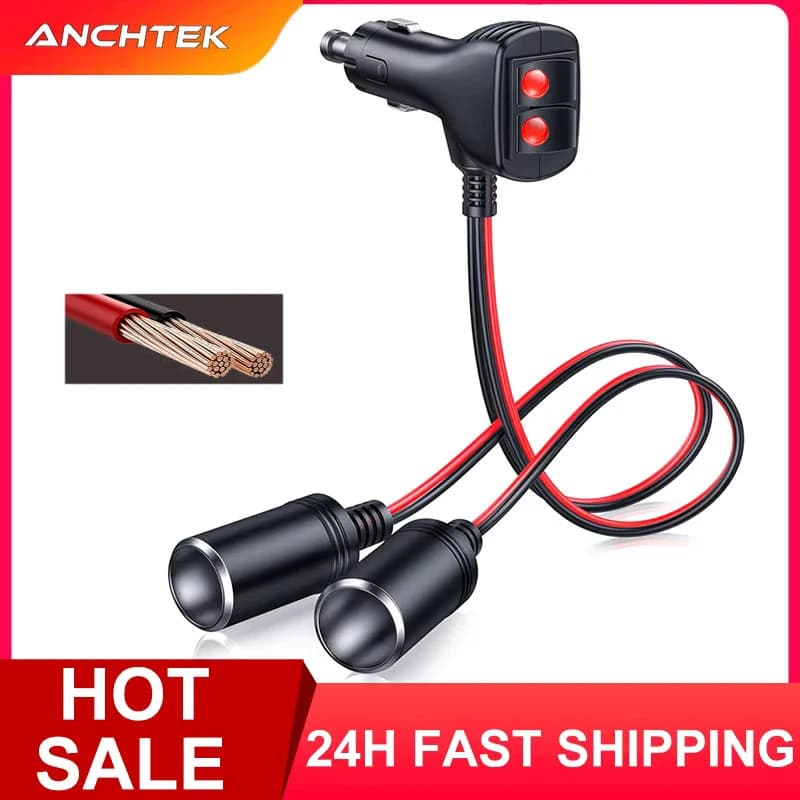 Anchtek 16AWG da 1 a 2 Adattatore splitter per accendisigari per auto Porta caricabatteria Presa 12/24V Splitter a 2 vie con fusibile 10A