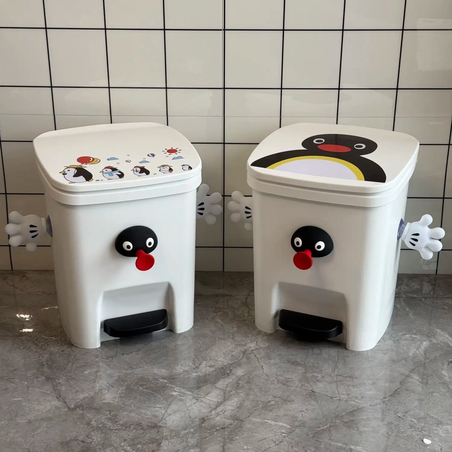Cute Pingu Penguin Step-on Trash Can, Silent Soft Close Waste Bin For Bedroom Bathroom, Cartoon Plastic Garbage Bin With Lid