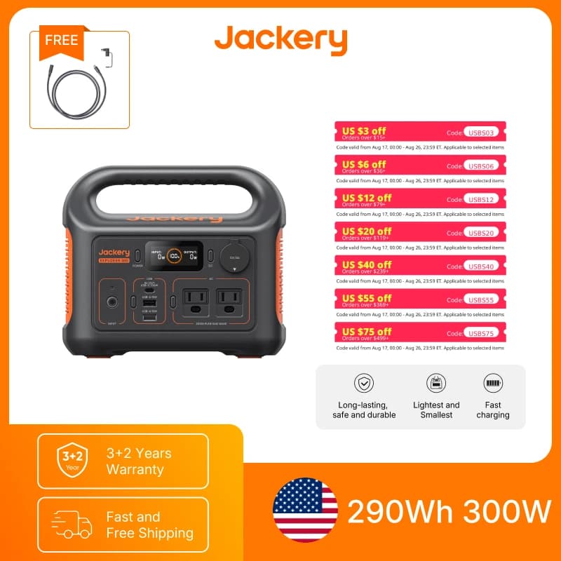 Stazione di Alimentazione Portatile Jackery Explorer 300 con Cavo di Prolunga da 5M, Generatore Solare per Campeggio, Viaggi, Caccia e Emergenze