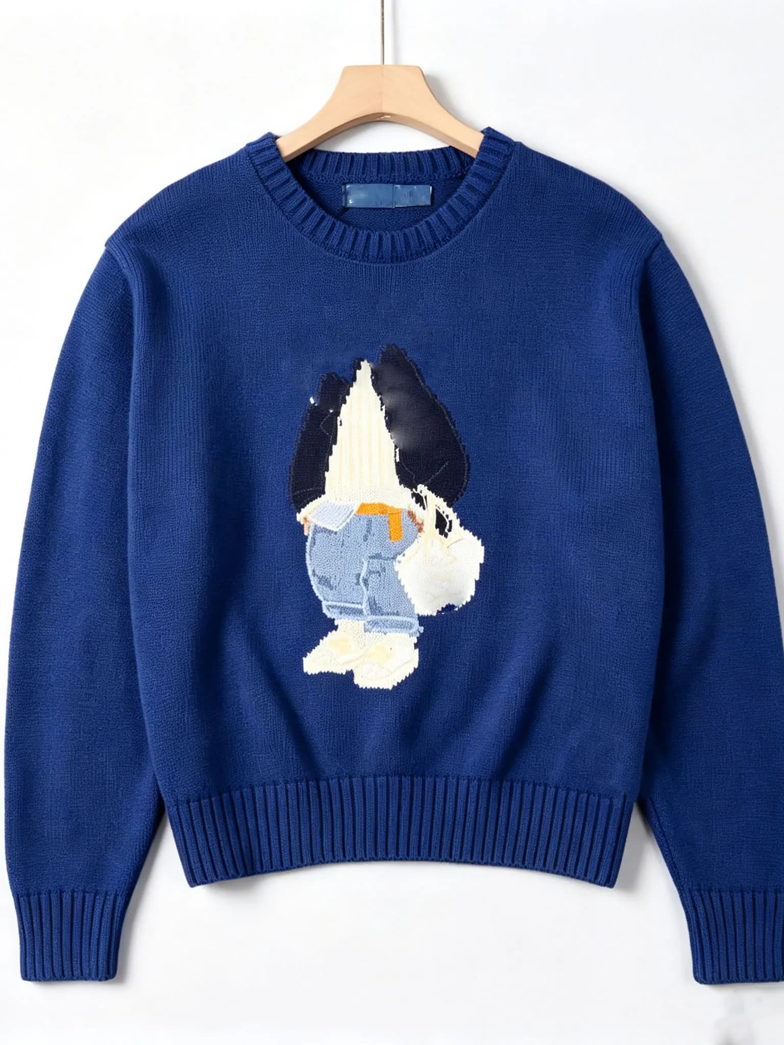 Blue Casual Long Sleeve round Neck Knitted Sweater Women's Single Female Style Cartoon Embroidery Thick Needle Cotton Thread
