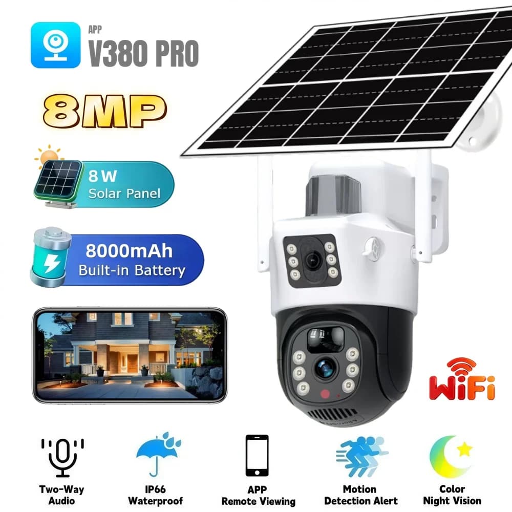 Telecamera IP Wireless Solare da Esterno HD con Doppia Lente 8MP 4K, Rilevamento Movimento PIR, Videosorveglianza di Sicurezza CCTV con Batteria