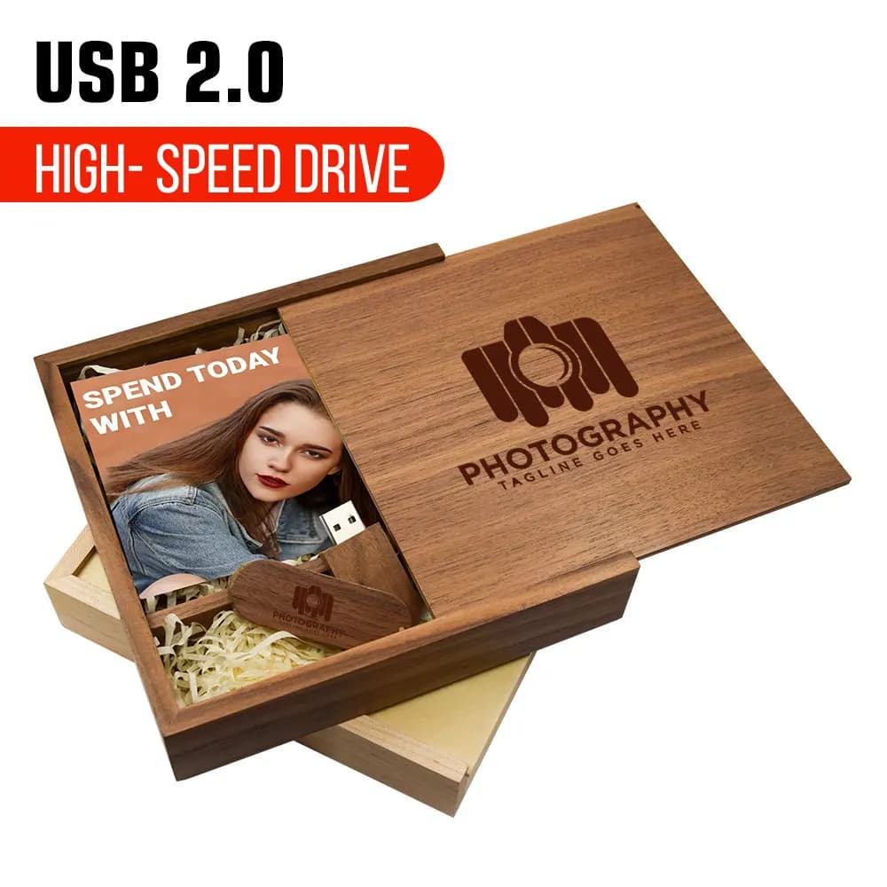 Scatola portafoto in legno con logo personalizzato gratuito, chiavetta USB 2.0 da 32GB, memory stick da 64GB, regalo di nozze creativo, pen drive in cristallo da 4GB