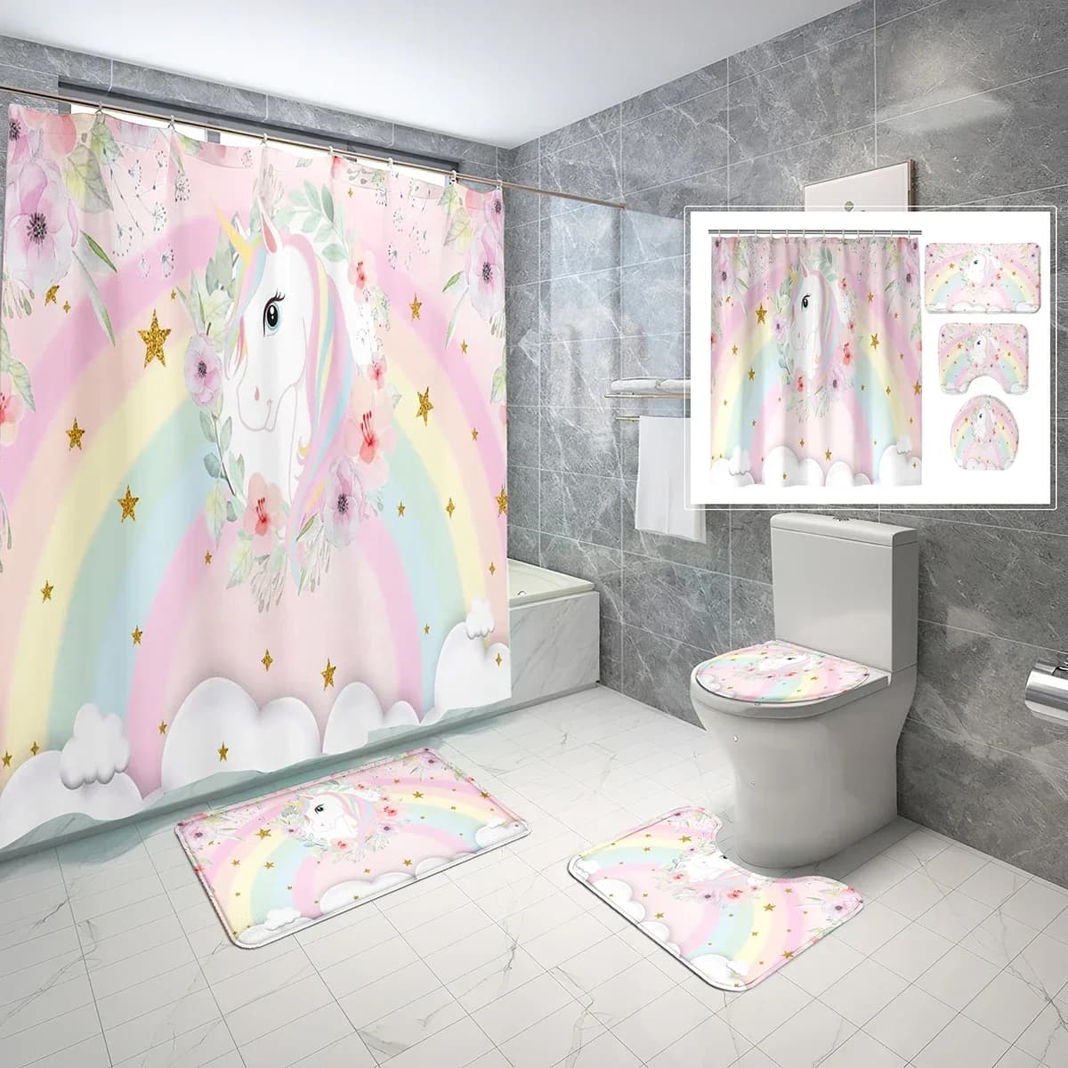 Set di tende da doccia per unicorno cartone animato da 4 pezzi, set di tende da doccia per bagno antiscivolo con unicorno arcobaleno carino per ragazze