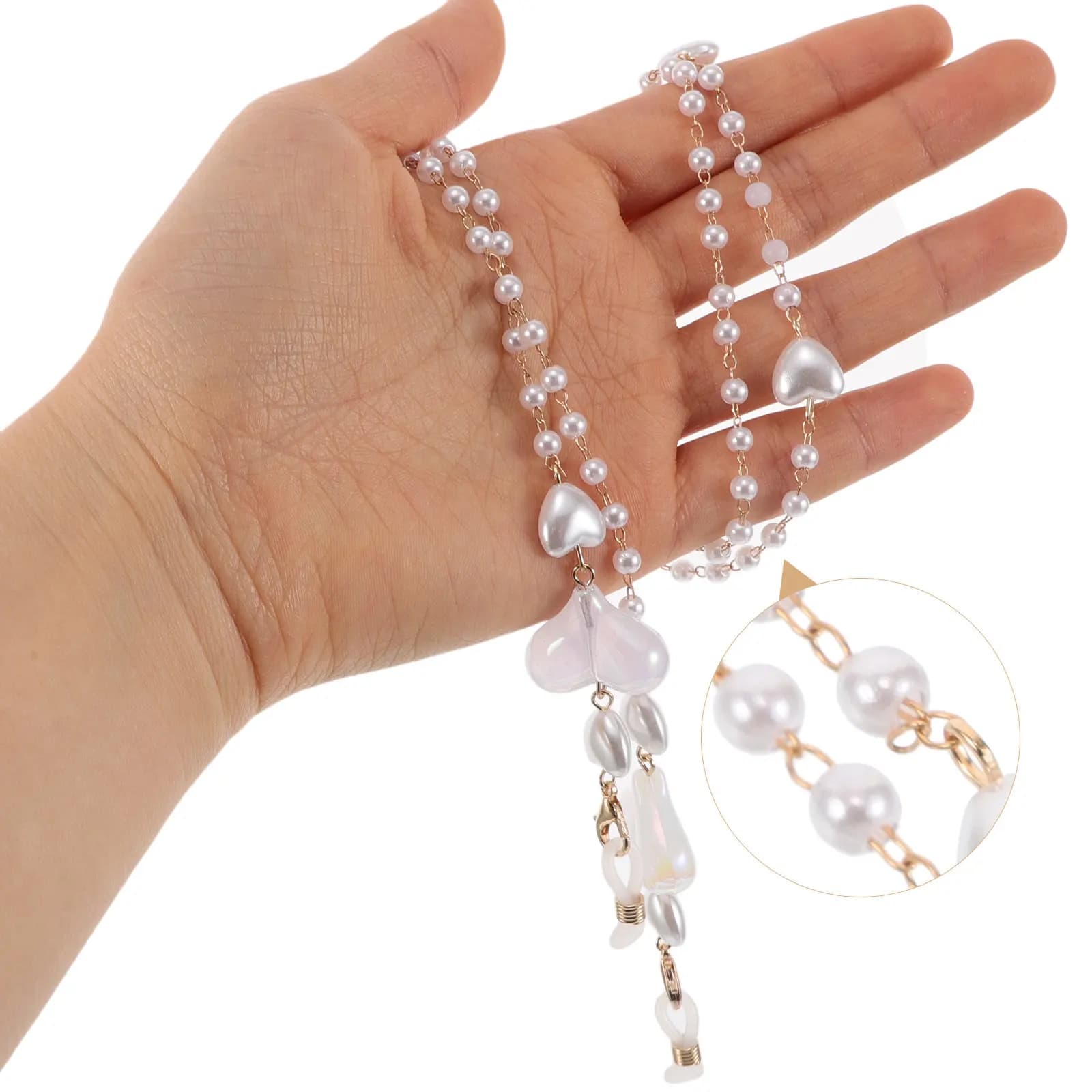 Catena per Occhiali a Forma di Cuore, Elegante Catenella con Perle Simulate, Cinturino Anti-Smarrimento Regolabile per Occhiali da Vista e da Sole