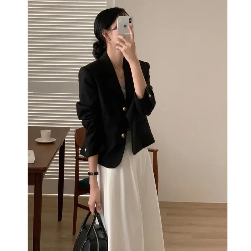 Casual Commute Black Suit Jacket Korean Style Women's Fashion Design Polyester Fiber Long Sleeve Regular Length Coat