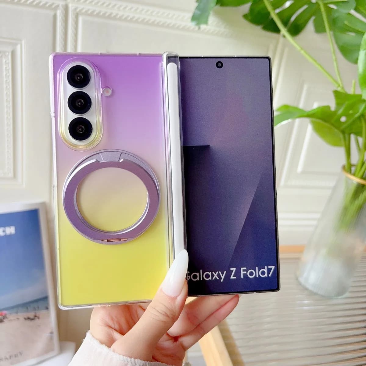Gradient Transparent Rotate Ring Stand Magnetic Phone Case for Samsung Galaxy Z Fold 7 6 5 8 Ultra With Hinge Protector Cover