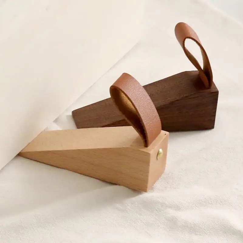 1pc Solid Wood Door Stopper Non-Slip Stop Baby Protect Leather Rope Wedge Anti-collision Creative Gate Decor Beech/Black Walnut