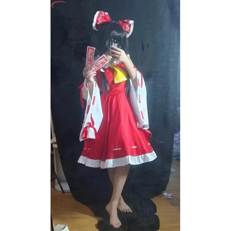 Costumi di Halloween per Cosplay ★ Parrucca Anime Touhou Project Hakurei Reimu, Abito Uniforme da Donna Mikofuku, Set Completo di Outfit ☆ Nuovo