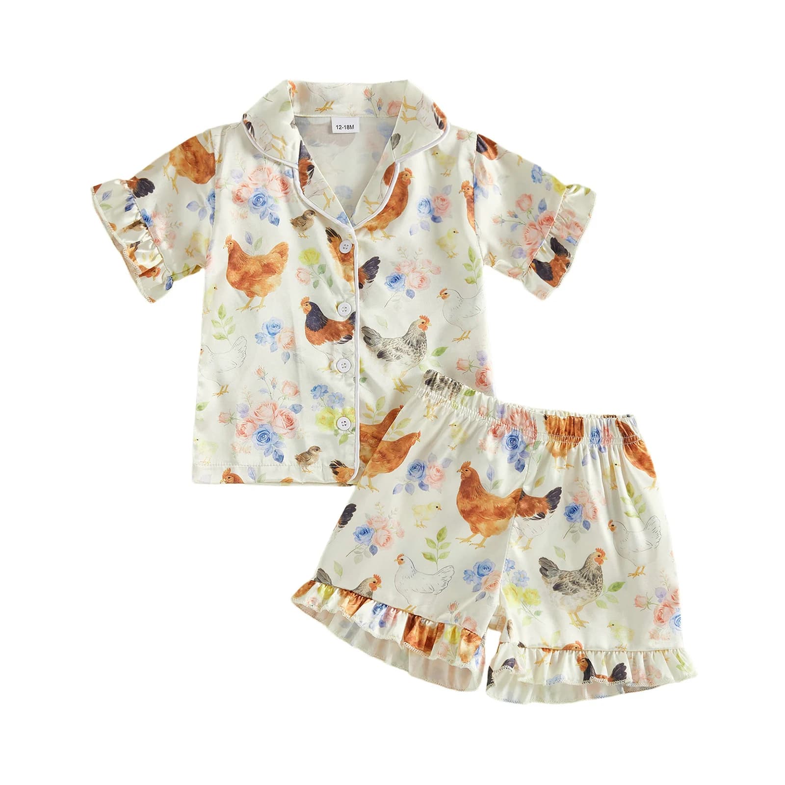 Nice baby satin pajamas set with adorable print of bunnies, short sleeve top with buttons and pants with elastic waist.