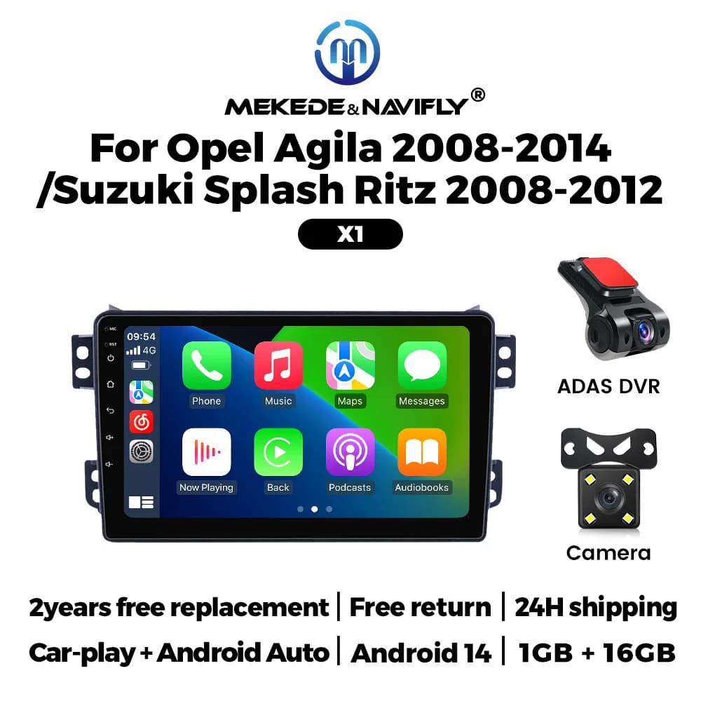 Autoradio 2Din 9 " Android 14 con CarPlay, Stereo Multimediale per OPEL Agila SUZUKI Splash Ritz 2008-2014, GPS, WIFI, BT, SWC