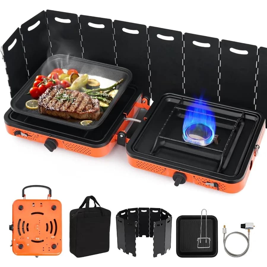 Fornello da campeggio portatile con parabrezza 17000 BTU 2 fuochi Fornello a propano Fornello da campeggio pieghevole per campeggio Cucina all'aperto Viaggio in camper