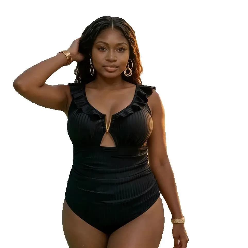 Plus-size Women's One-piece Swimsuit Ruffled solid color Ribbed Shiny fabric Deep V-neck cutout Sexy cross-border Swimwear