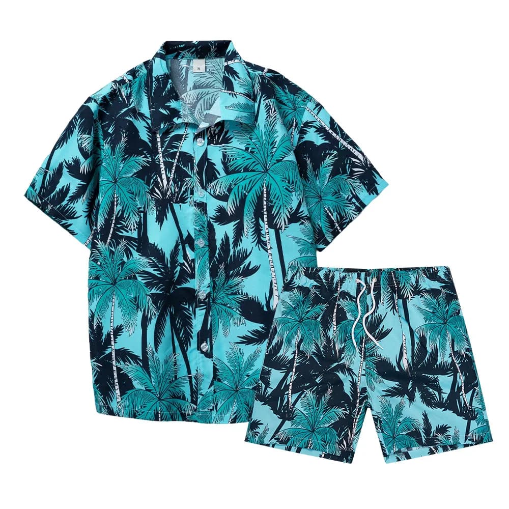 Completo da uomo con stampa 3D albero di cocco hawaiano, camicia a maniche corte alla moda e pantaloncini casual oversize da spiaggia, abbigliamento streetwear