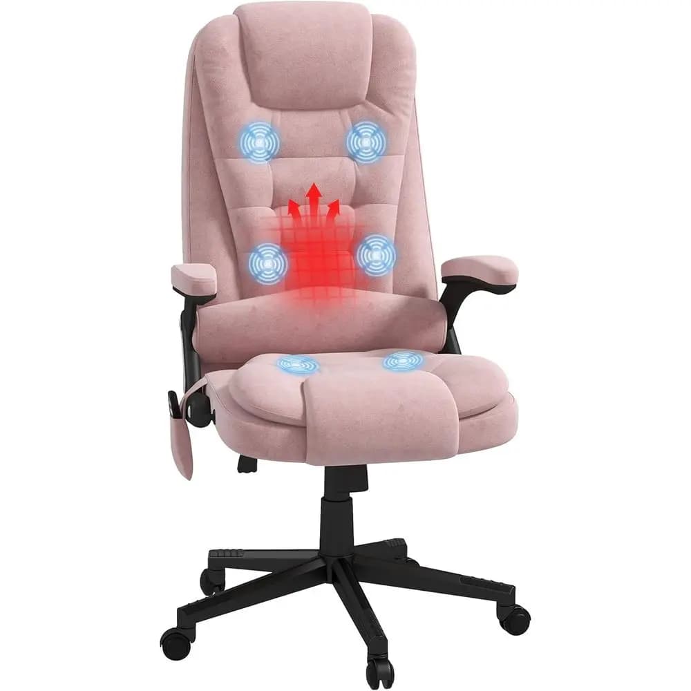 Sedia da computer con schienale alto in velluto rosa con massaggio vibrante a 6 punti, supporto lombare riscaldato, schienale reclinabile e braccioli imbottiti
