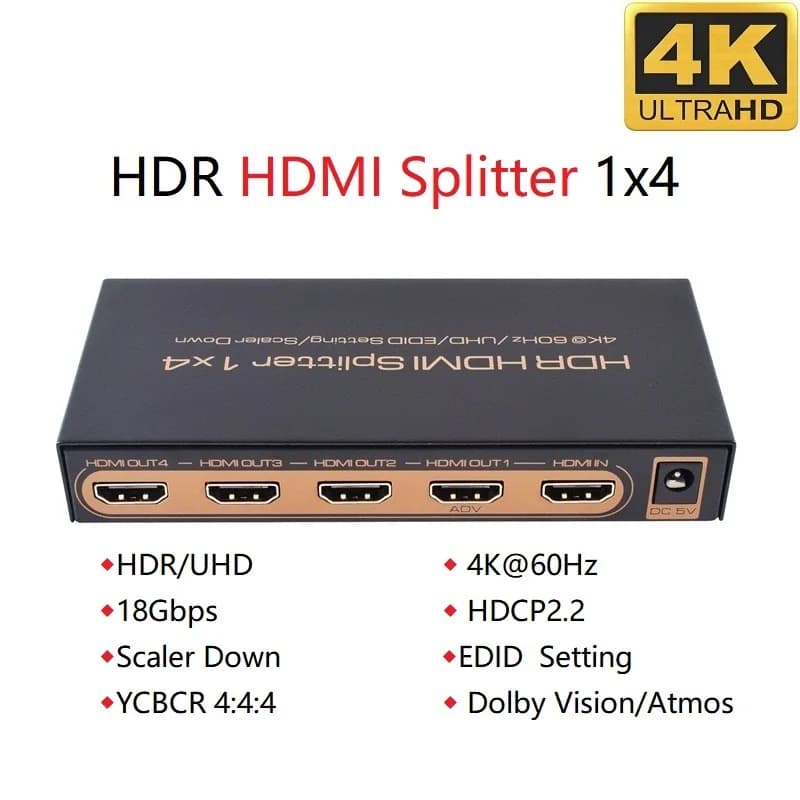 Splitter compatible HDMI 4K @ 60Hz 1x4 Scaler Down v2.0 4:4:4 HDCP2.2 UHD HDR10 EDID Setting 18Gbps Dolby Vision for HDTV DVD