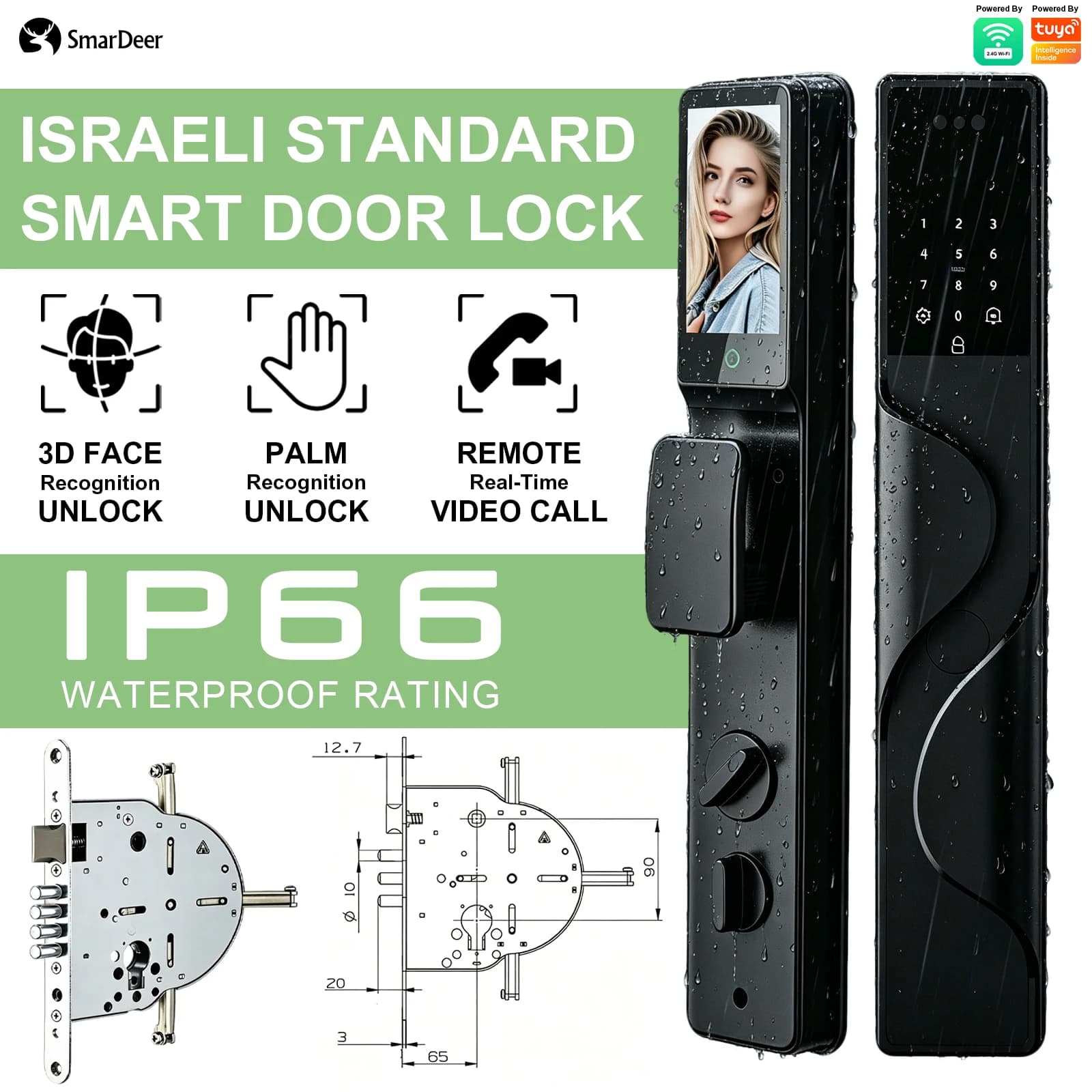 Serratura Intelligente SmarDeer con Riconoscimento Facciale 3D, Standard Israeliano, Impermeabile IP66, Controllo Remoto WiFi Tuya, Senza Chiave, Elettronica