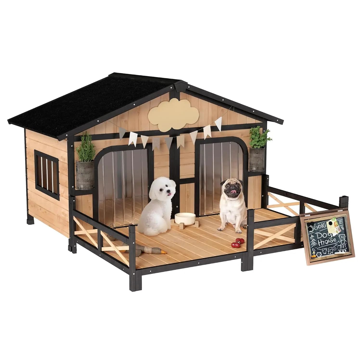 Cuccia per Cani in Legno Resistente alle Intemperie con Veranda e Tetto, Pavimento Rimovibile, Doppio Spazio Rialzato per Razze Piccole e Medie, Personalizzabile