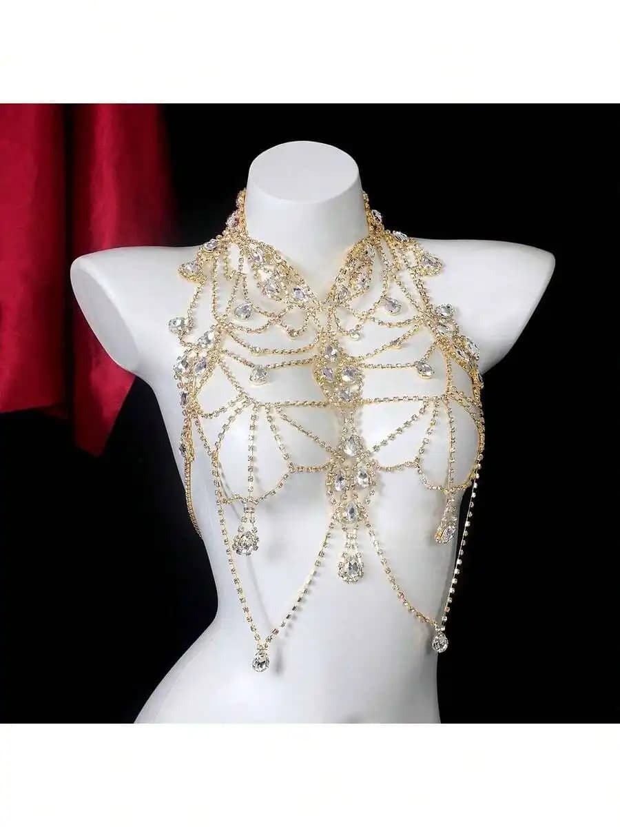 Collana a catena con strass per donna, gioielli da festa, decorazione a goccia di cristallo traforato
