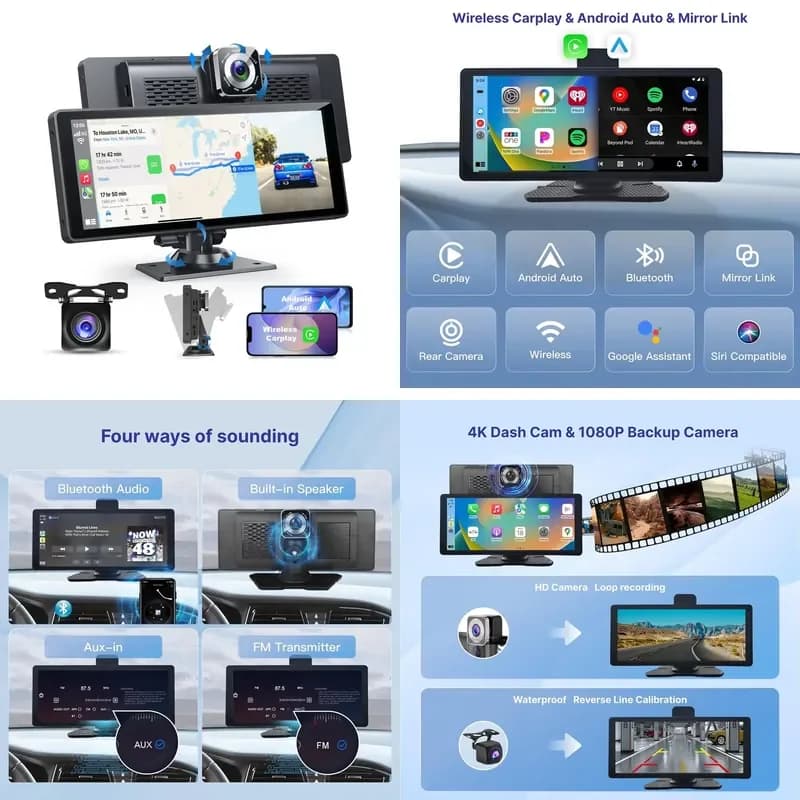Portable Car Player With 10.26 Inch Screen 2 Din Car Dual Lens Front & Rear Camera Dash Cam With Carplay