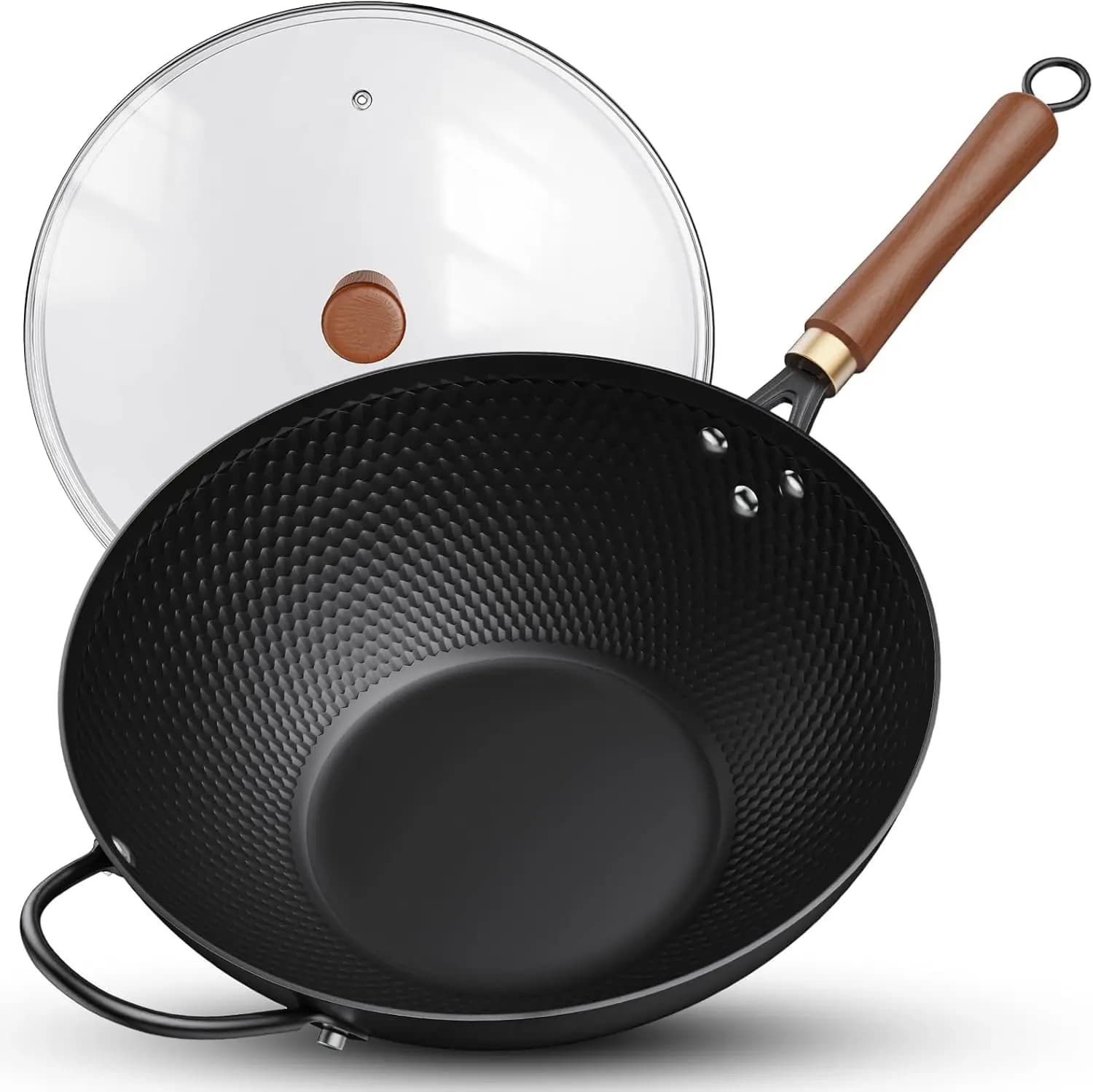 Wok in Acciaio al Carbonio da 13 Pollici con Coperchio in Vetro per Tutti i Fornelli, Padella Antiaderente per Saltare in Padella con Manico in Legno