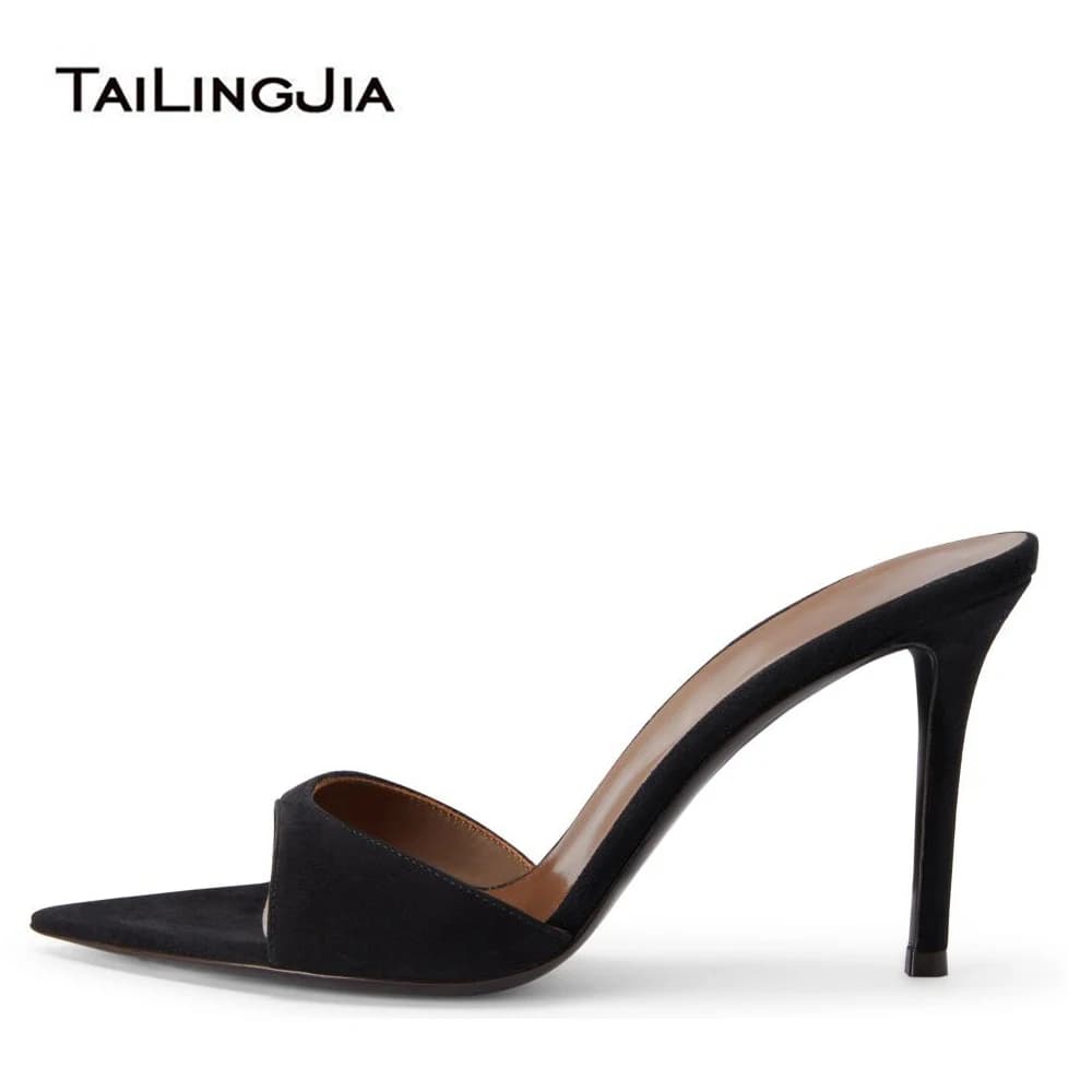 Sandali con Tacco Alto da Donna, Design Aperto, in Finta Pelle Scamosciata Nera, Mules Estive
